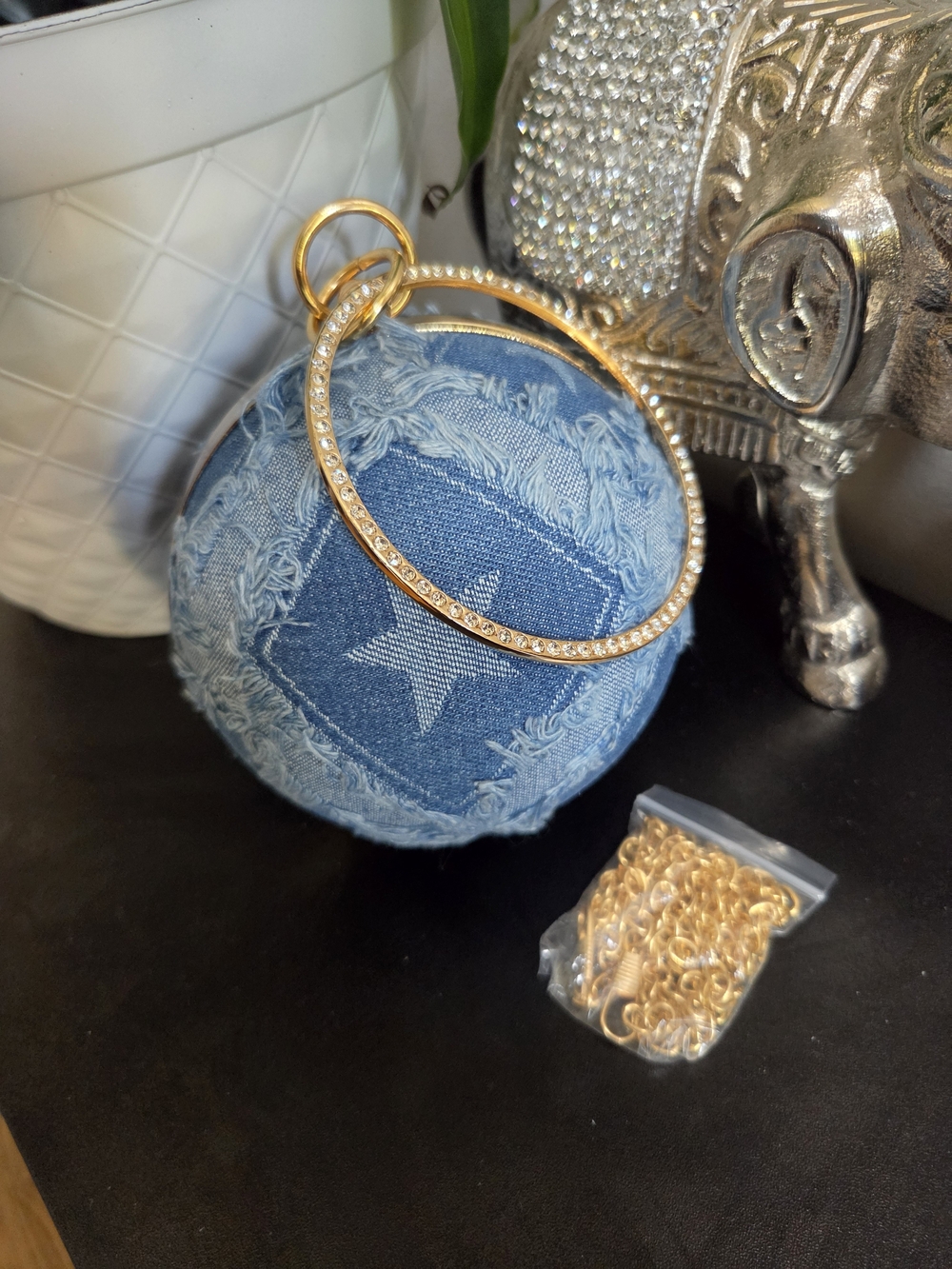 Denim Star Design Mini Round Crossbody Gold Wristlet Bag